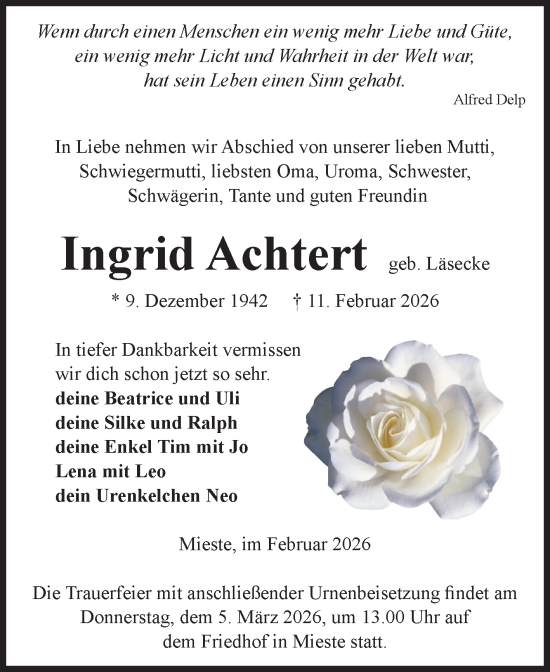Traueranzeige von Ingrid Achtert von Volksstimme Altmark West