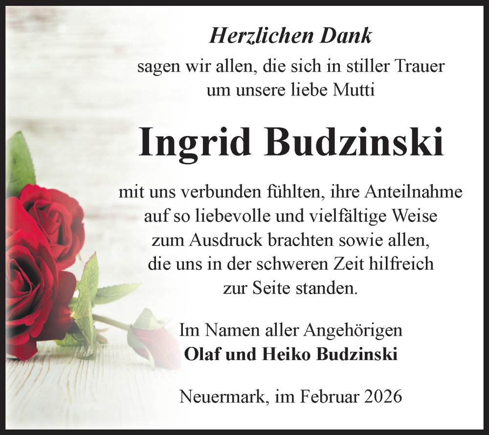  Traueranzeige für Ingrid Budzinski vom 14.02.2026 aus Volksstimme Altmark Ost