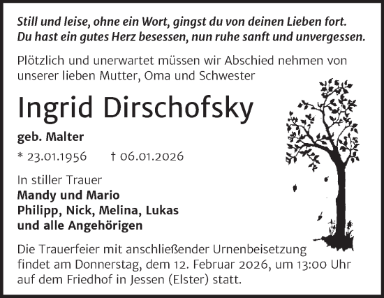 Traueranzeige von Ingrid Dirschofsky von Trauerkombi Wittenberg