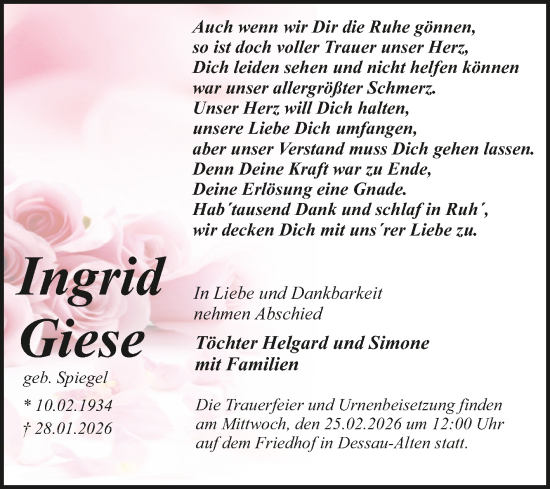 Traueranzeige von Ingrid Giese von Trauerkombi Dessau