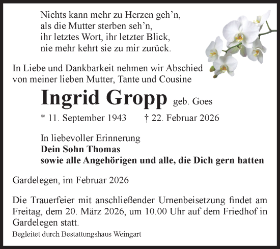 Traueranzeige von Ingrid Gropp von Volksstimme Altmark West