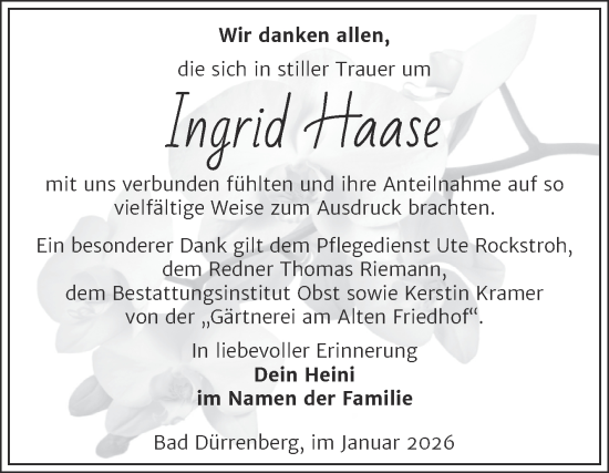 Traueranzeige von Ingrid Haase von Trauerkombi Merseburg