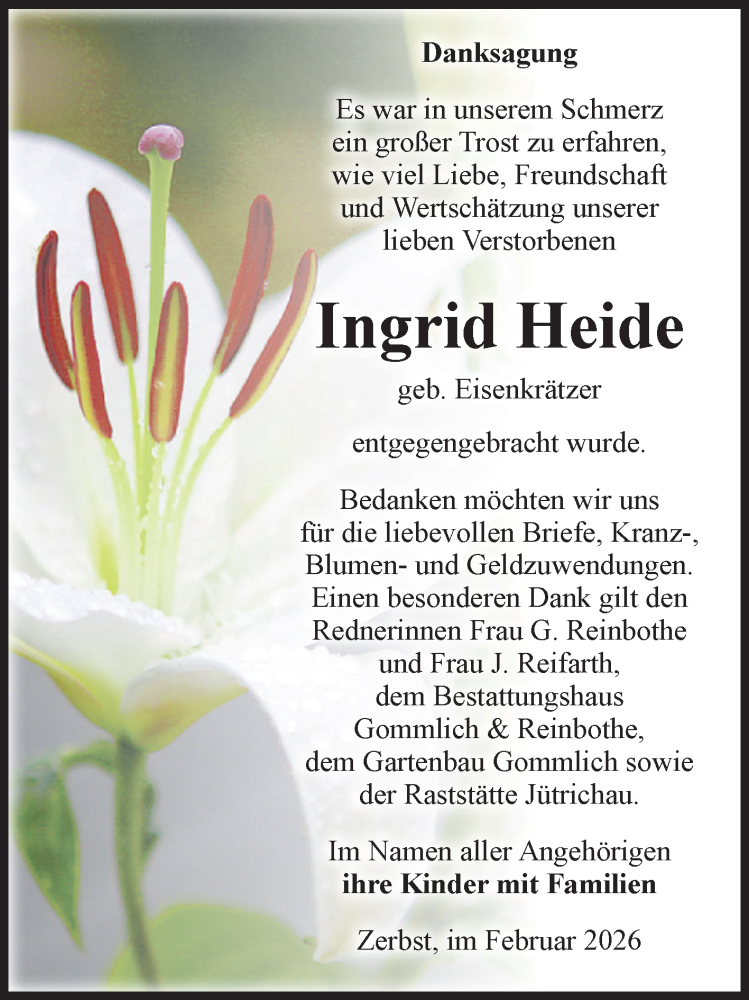  Traueranzeige für Ingrid Heide vom 07.02.2026 aus Volksstimme Zerbst