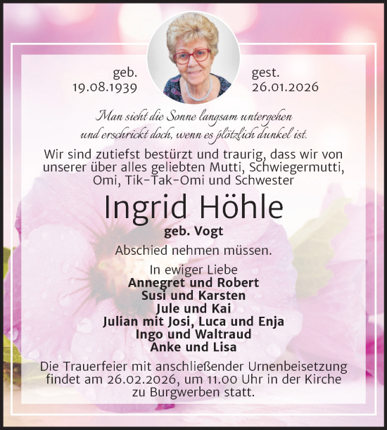 Traueranzeige von Ingrid Höhle von Trauerkombi Weißenfels