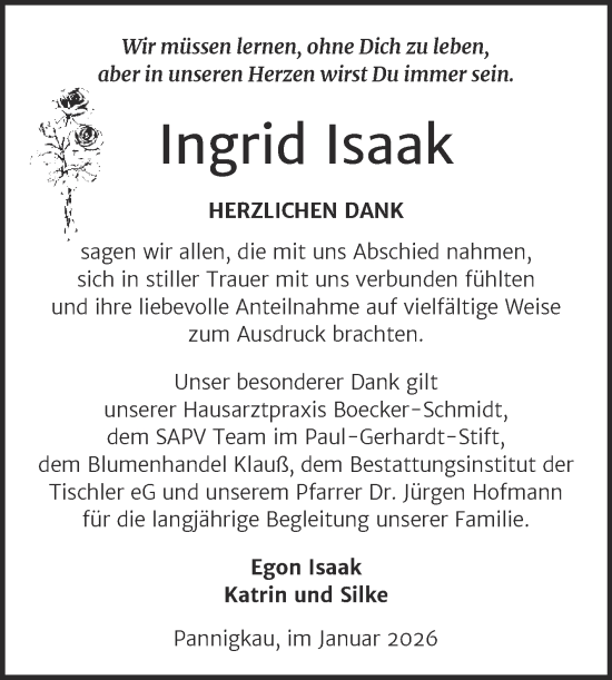 Traueranzeige von Ingrid Isaak von Trauerkombi Wittenberg