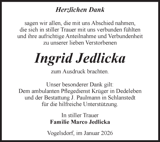 Traueranzeige von Ingrid Jedlicka von Volksstimme Halberstadt