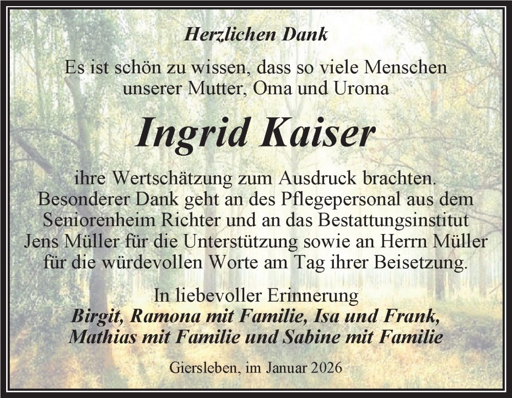  Traueranzeige für Ingrid Kaiser vom 07.02.2026 aus Trauerkombi Aschersleben