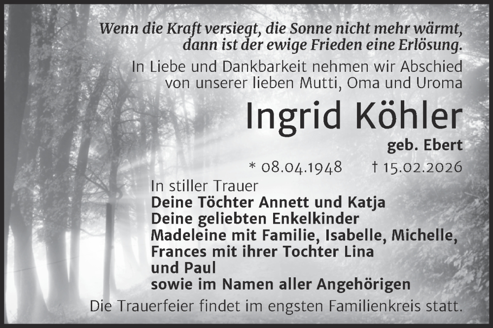  Traueranzeige für Ingrid Köhler vom 28.02.2026 aus Super Sonntag Naumburg/Nebra