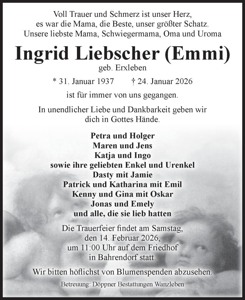  Traueranzeige für Ingrid Liebscher vom 07.02.2026 aus Volksstimme Oschersleben/Wanzleben