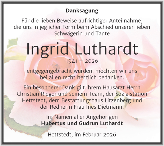 Traueranzeige von Ingrid Luthardt von Trauerkombi Mansfelder Land