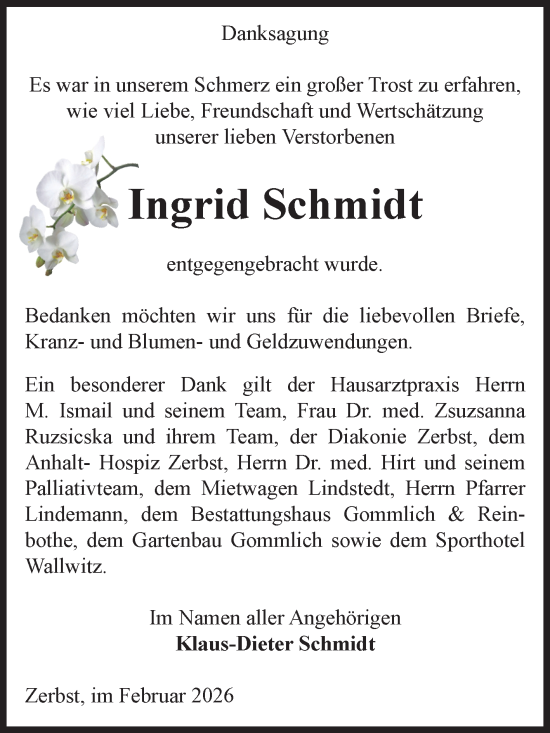 Traueranzeige von Ingrid Schmidt von Volksstimme Zerbst