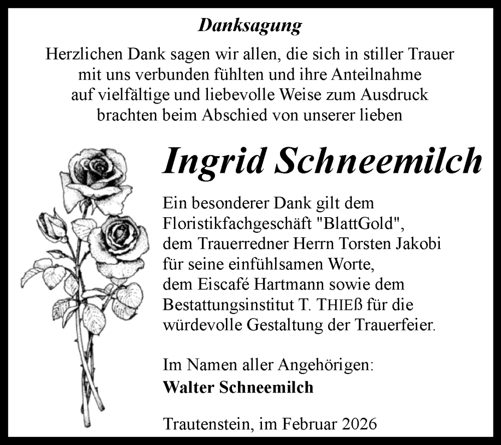  Traueranzeige für Ingrid Schneemilch vom 14.02.2026 aus Volksstimme Wernigerode
