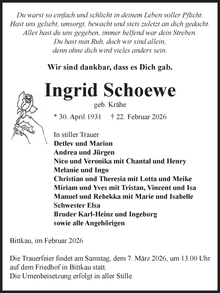  Traueranzeige für Ingrid Schoewe vom 28.02.2026 aus Volksstimme Altmark Ost