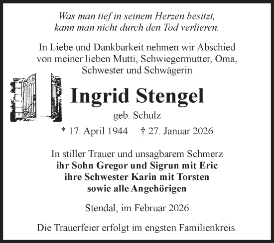Traueranzeige von Ingrid Stengel von Volksstimme Altmark Ost