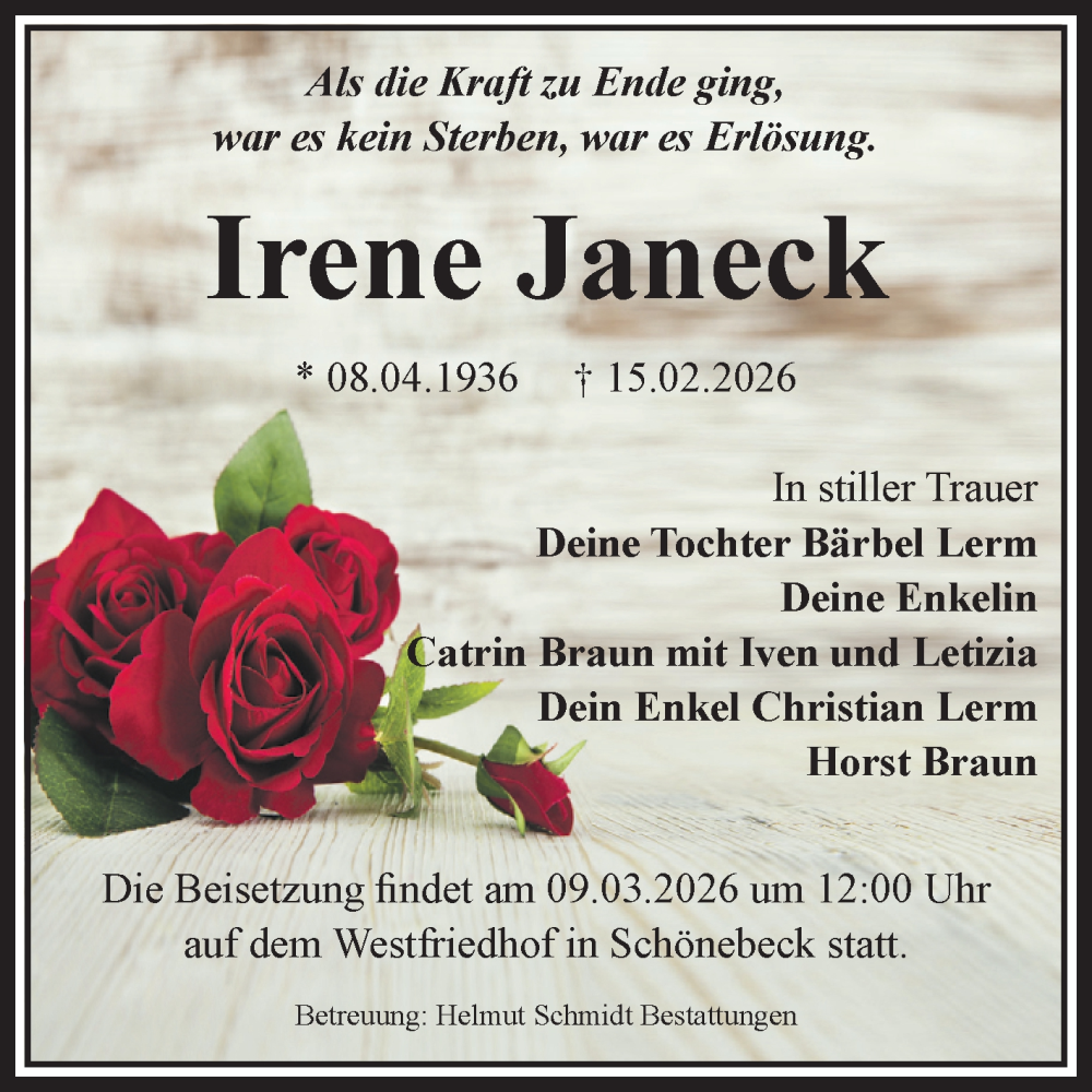  Traueranzeige für Irene Janeck vom 28.02.2026 aus Volksstimme Schönebeck