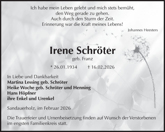 Traueranzeige von Irene Schröter von Volksstimme Altmark Ost