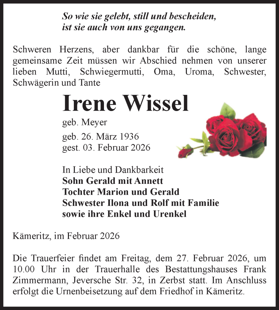  Traueranzeige für Irene Wissel vom 07.02.2026 aus Volksstimme Zerbst