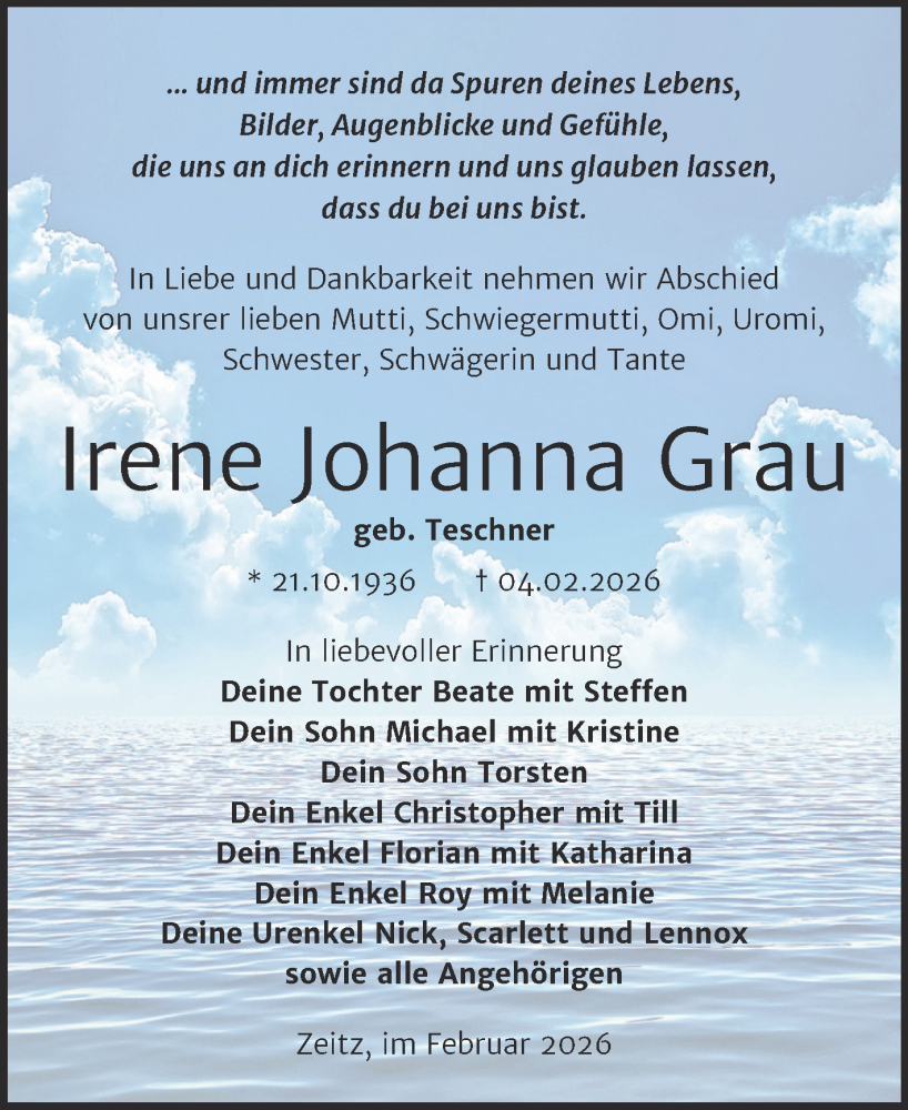  Traueranzeige für Irene Johanna Grau vom 14.02.2026 aus Trauerkombi Zeitz