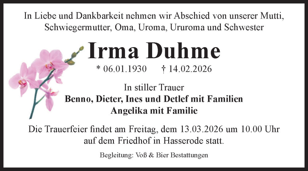  Traueranzeige für Irma Duhme vom 21.02.2026 aus Volksstimme Wernigerode