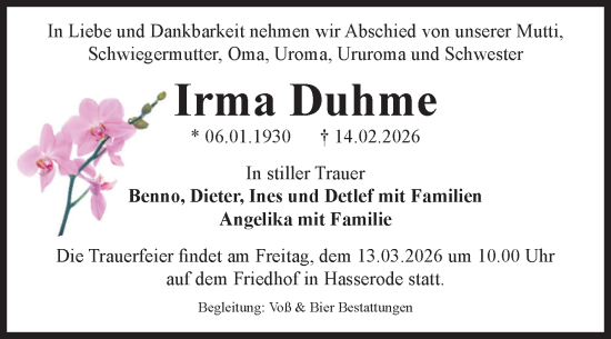 Traueranzeige von Irma Duhme von Volksstimme Wernigerode