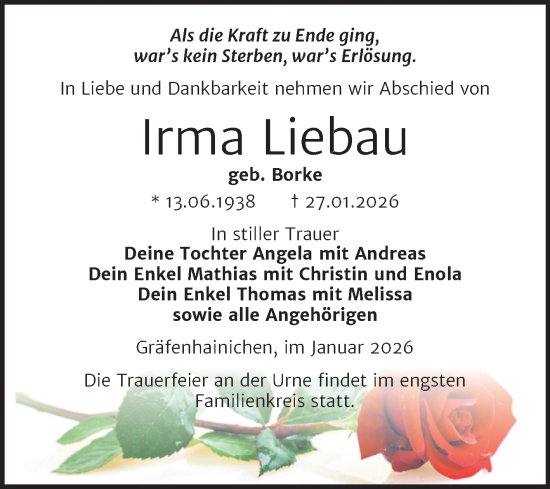 Traueranzeige von Irma Liebau von Trauerkombi Wittenberg