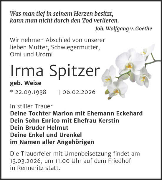Traueranzeige von Irma Spitzer von Trauerkombi Bitterfeld