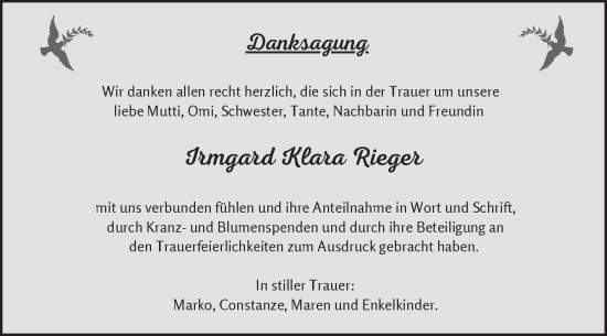 Traueranzeige von Irmgaard Klara Rieger von Volksstimme Wernigerode