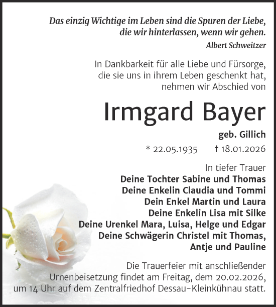 Traueranzeige von Irmgard Bayer von Trauerkombi Dessau