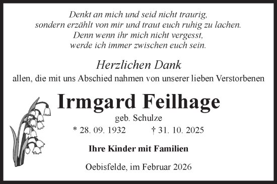 Traueranzeige von Irmgard Feilhage von Volksstimme Altmark West
