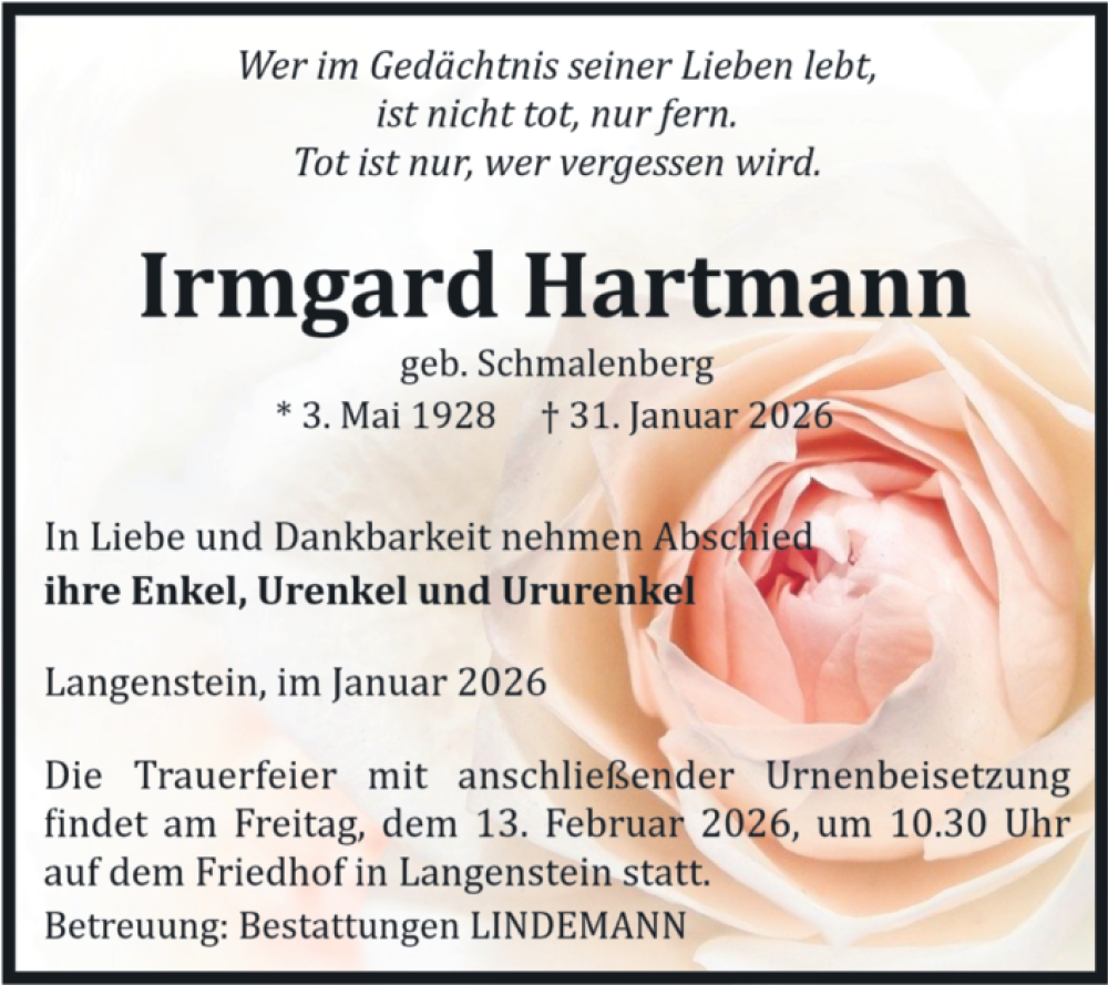 Traueranzeige für Irmgard Hartmann vom 07.02.2026 aus Volksstimme Halberstadt