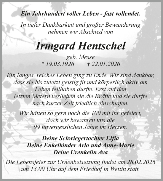 Traueranzeige von Irmgard Hentschel von Mitteldeutsche Zeitung Halle/Saalkreis