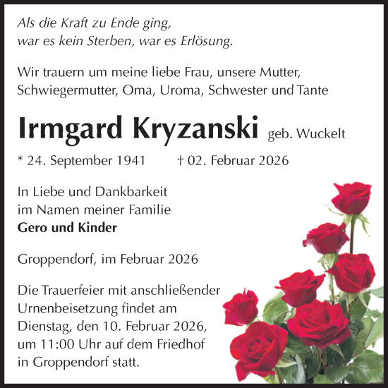 Traueranzeige von Irmgard Kryzanski von Volksstimme Haldensleben/Wolmirstedt