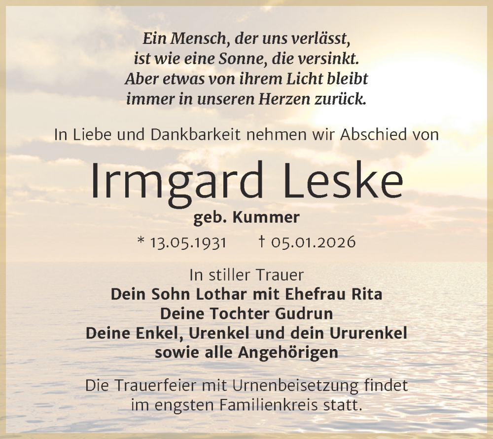  Traueranzeige für Irmgard Leske vom 21.02.2026 aus Trauerkombi Bitterfeld