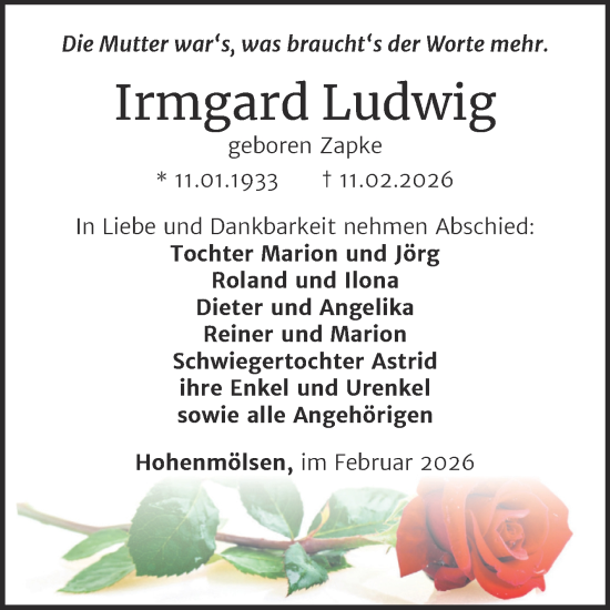 Traueranzeige von Irmgard Ludwig von Trauerkombi Weißenfels