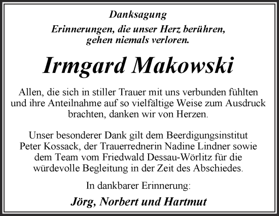 Traueranzeige von Irmgard Makowski von Trauerkombi Dessau