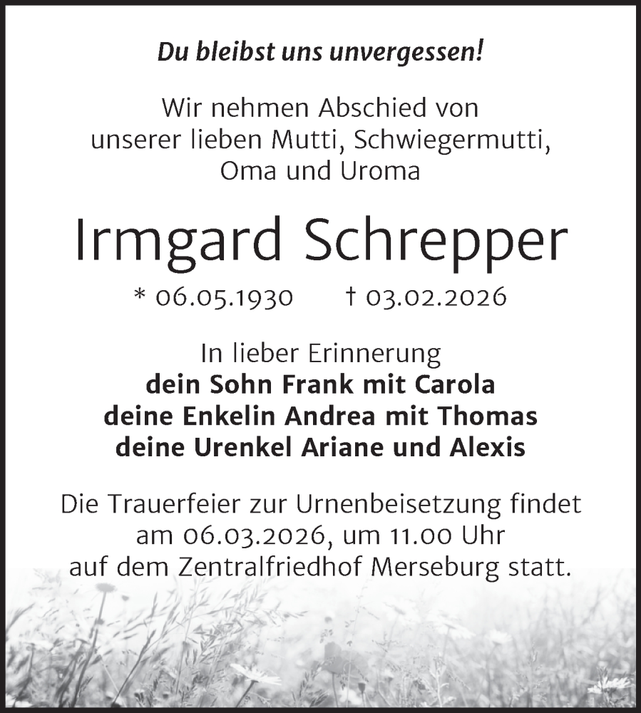  Traueranzeige für Irmgard Schrepper vom 28.02.2026 aus Mitteldeutsche Zeitung Halle/Saalkreis