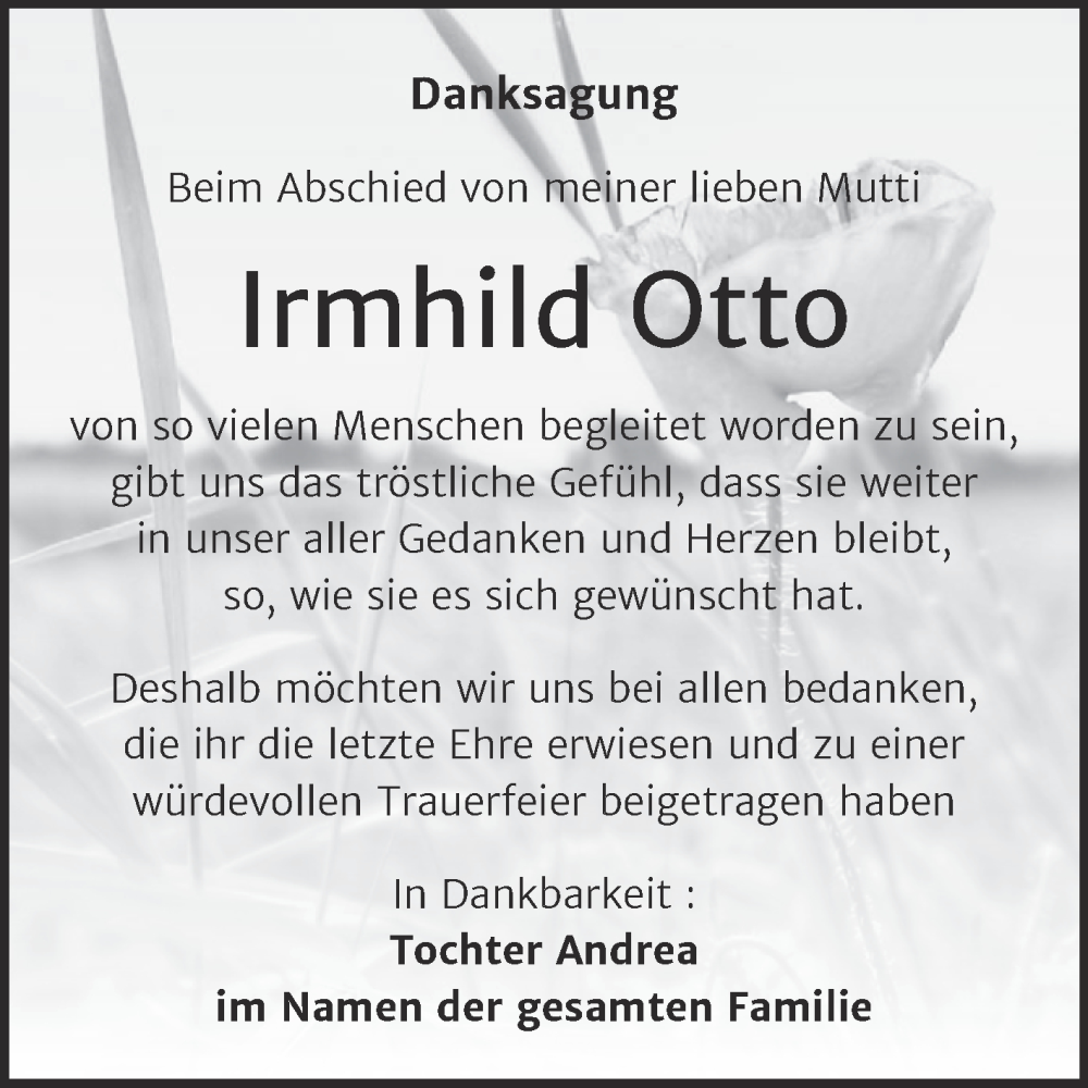  Traueranzeige für Irmhild Otto vom 07.02.2026 aus Trauerkombi Aschersleben