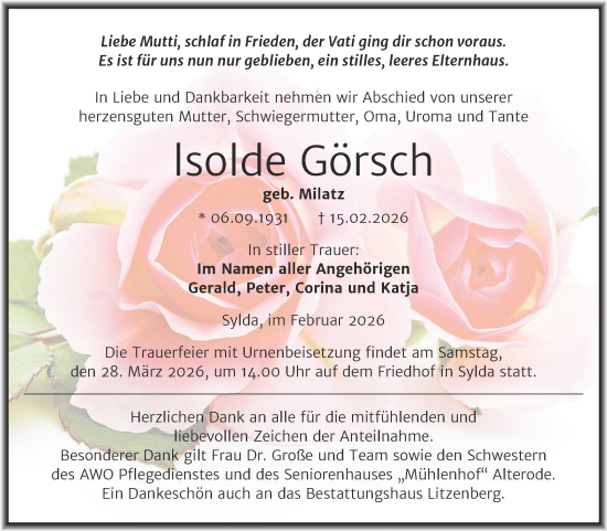 Traueranzeige von Isolde Görsch von Trauerkombi Mansfelder Land