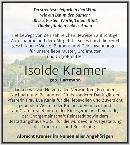 Traueranzeige von Isolde Kramer von Mitteldeutsche Zeitung Aschersleben