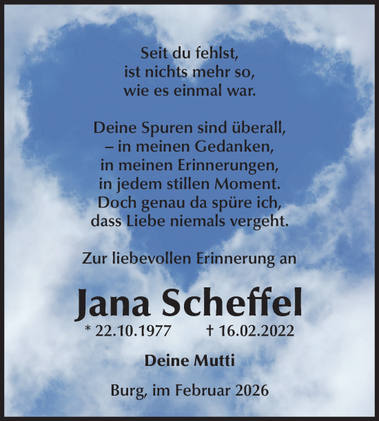 Traueranzeige von Jana Scheffel von Volksstimme Burg/Genthin