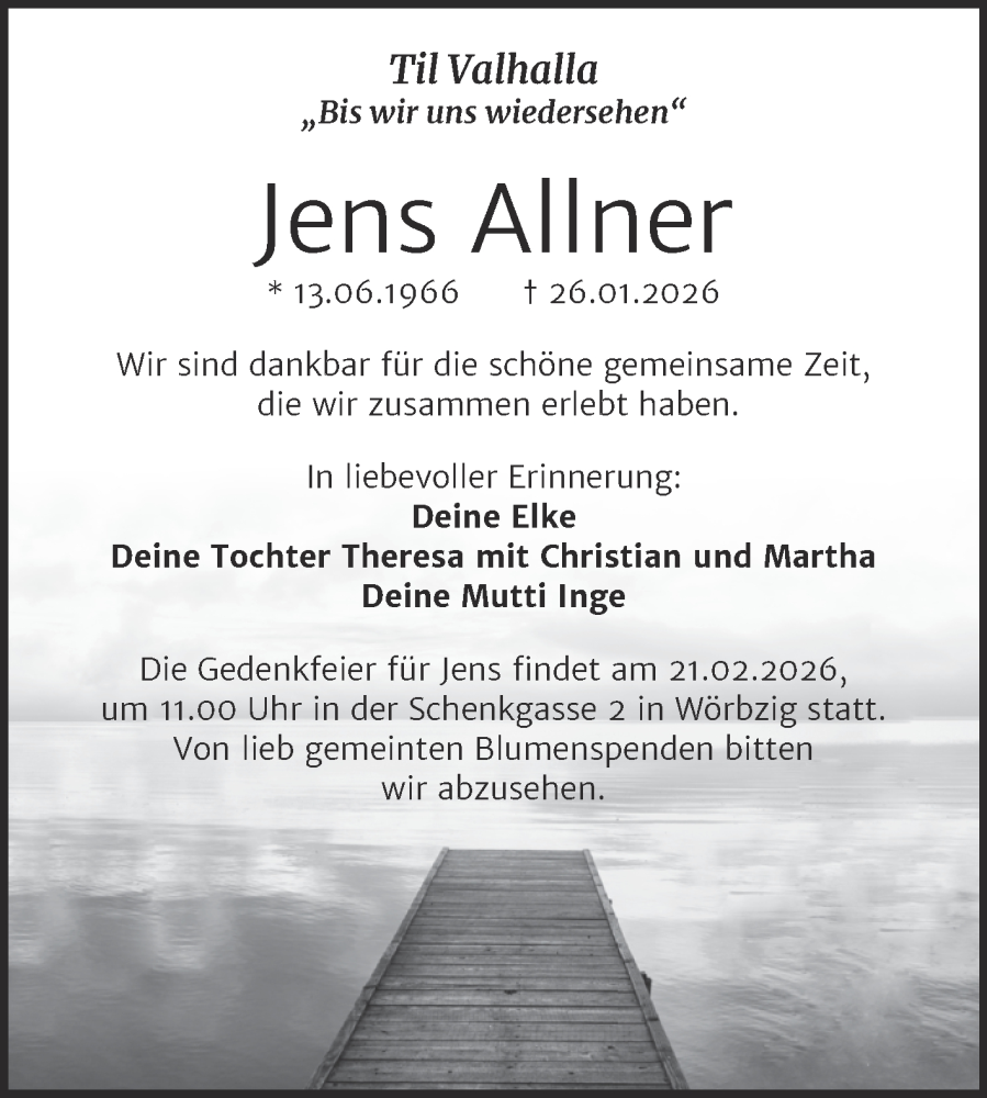  Traueranzeige für Jens Allner vom 07.02.2026 aus Trauerkombi Köthen