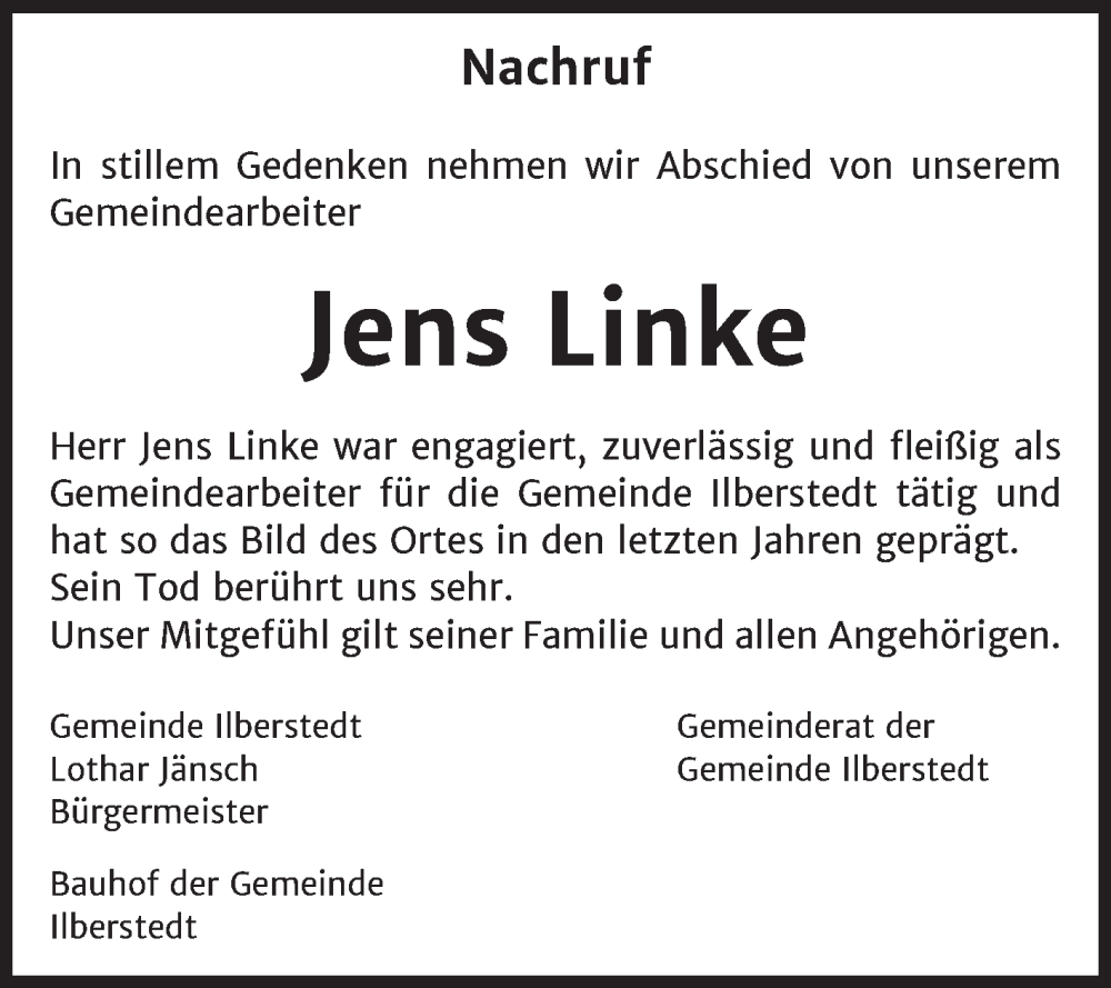  Traueranzeige für Jens Linke vom 14.02.2026 aus Mitteldeutsche Zeitung Bernburg