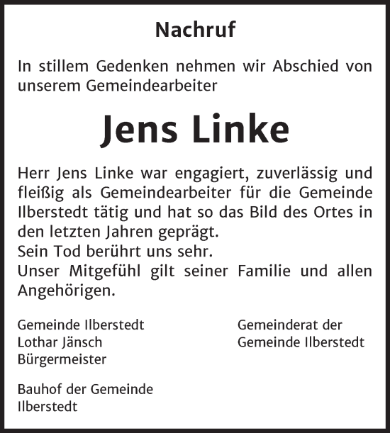 Traueranzeige von Jens Linke von Super Sonntag Bernburg