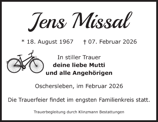 Traueranzeige von Jens Missal von Volksstimme Oschersleben/Wanzleben