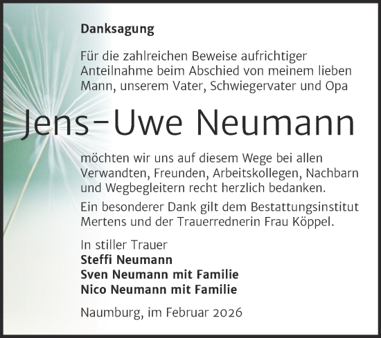Traueranzeige von Jens-Uwe Neumann von Naumburger Tageblatt