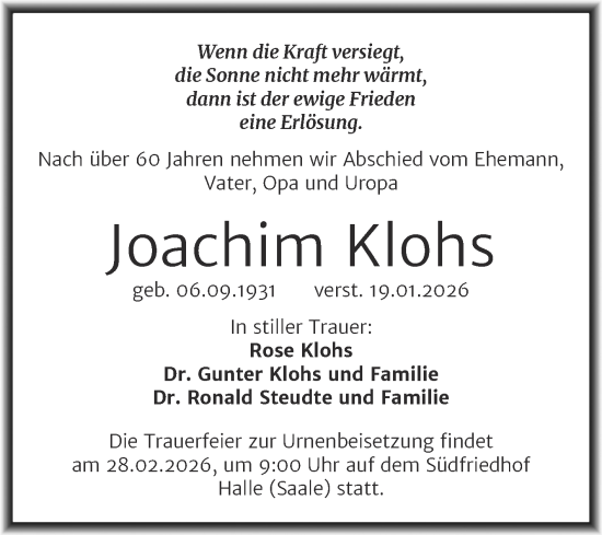 Traueranzeige von Joachim Klohs von Mitteldeutsche Zeitung Halle/Saalkreis