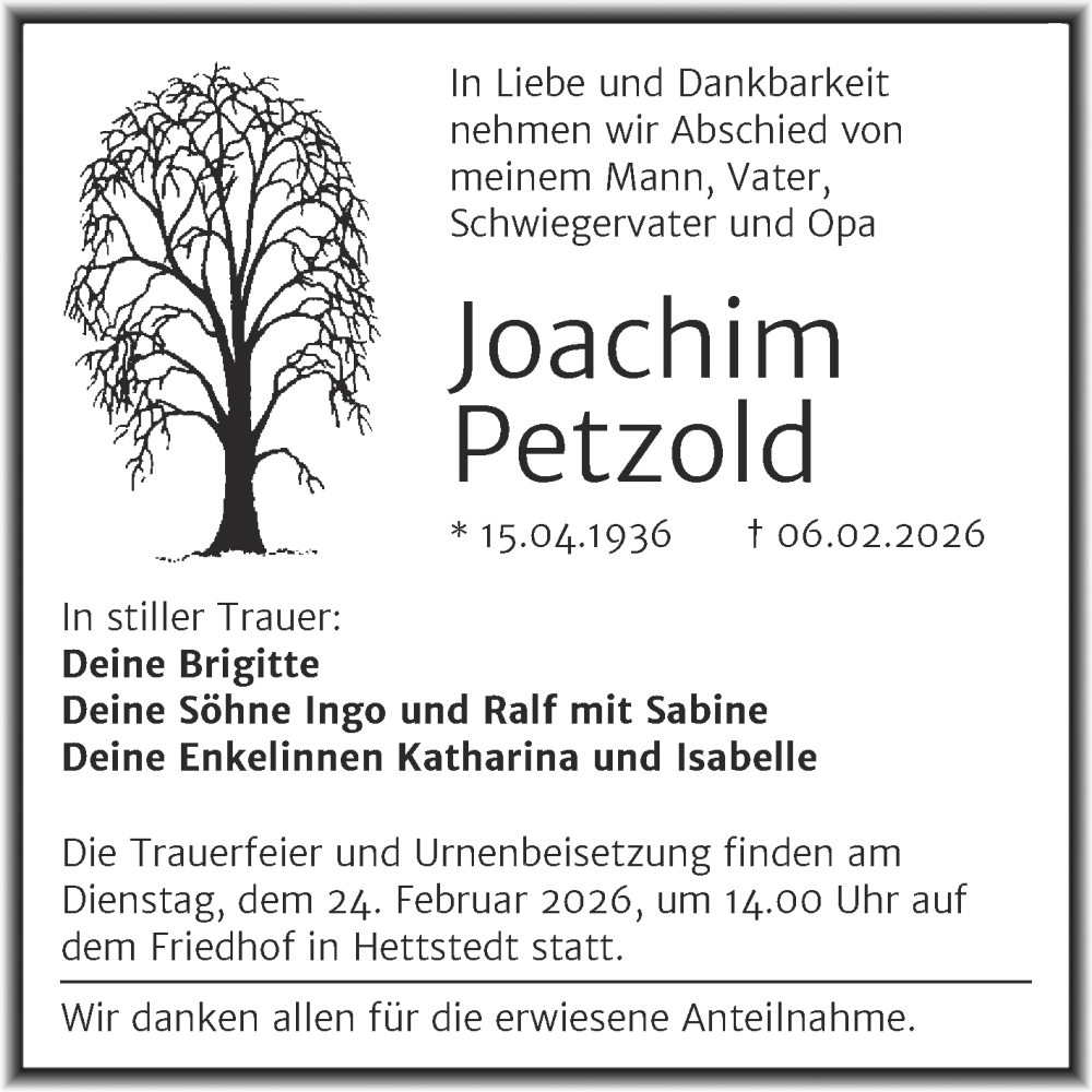  Traueranzeige für Joachim Petzold vom 13.02.2026 aus Trauerkombi Mansfelder Land