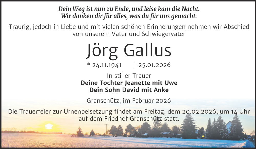  Traueranzeige für Jörg Gallus vom 07.02.2026 aus Trauerkombi Weißenfels