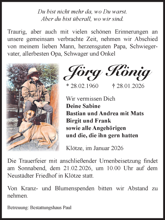 Traueranzeige von Jörg König von Volksstimme Altmark West