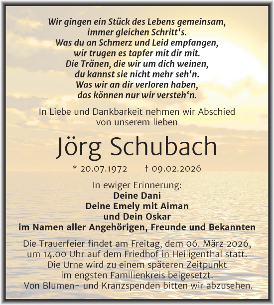 Traueranzeige von Jörg Schubach von Trauerkombi Mansfelder Land